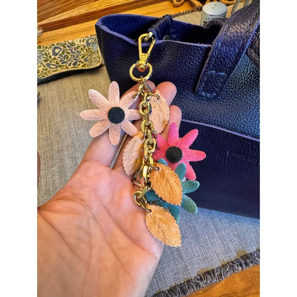 Pink Baby Blue Flower Bag Charm Genuine Leather Purse Charm Flower Charms NEW!